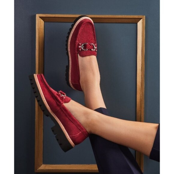 Donald Pliner Women's Helio Cranberry Red Suede Leather Loafers Flats SZ 8 NEW - Picture 1 of 6